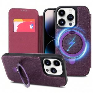 Leather Wallet Case For IPhone 14 Pro Max,Card Holder,Kickstand,MagSafe Wireless Charging,Full Protection,Flip,For Men And Women For Halloween, Christmas, Birthday, New Year Gifts, Gifts For Friends Purple