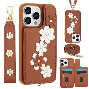 For IPhone 15 Series/14 Series/13 Series/12 Series/11series, Wallet Case With Card Holder Cute Flower Design Flip Folio Leather Kickstand Card Slots Phone Cases Bag With Hand Strap For Women Girls For Halloween, Christmas, Birthday, New Year Gifts, Gifts For Friends Brown