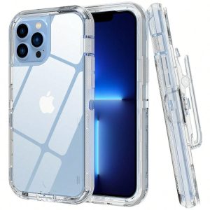 Modes Wireless For IPhone 13 Pro 6.1 Transparent Dual Layer Heavy Duty Armor Defender Hybrid Case Cover With Clip Clear Multicolor