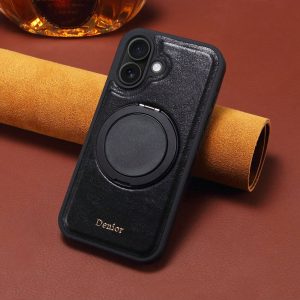 Denior Suitable For IPhone 16 Pro Max Dermis Leather Anti Drop Protective Case 15 Plus Rotating Bracket Phone Case For Halloween, Christmas, Birthday, New Year Gifts, Gifts For Friends Black