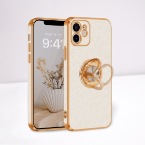 Iphone 12 Case With 360?? Rotatable Ring Holder Magnetic Kickstand, Shiny Plating Gold Edge, Slim Soft Tpu Shockproof Protective Cover For Women, Men, White Multicolor