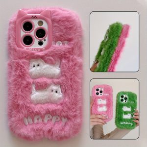 Compatible with iPhone 16 15 14 13 Pro Max Plus Case, Cute Plush Furry Fuzzy for Women Girls, Fluffy Fur Hair Girly Cartoon Cat Ear Phone Case Pink/White