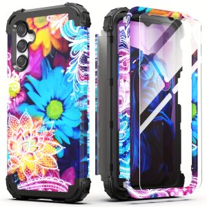 for Galaxy A14 5G Case with Tempered Glass Screen Protector, Hybrid 3 in 1 Shockproof Heavy Duty Protection Hard PC Cover Soft Silicone Full Body Case, Anti-Scratch Slim Fit Protective Anti-Fingerprint Anti-Slip, Flower Floral