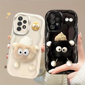 Soft & Anti-Fall Plush Coal Ball Doll Cookie Case for SamSung for Galaxy S24 Ultra, A15, A52, A73, A13-4G, A54, S20 FE, S22, S22 Ultra, S23, A05s, A12, S22, S23 Plus, A25, A23, A33 - Full Coverage Protection