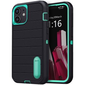 Compatible With For IPhone 11 Phone Case Hybrid Design With Rugged Shell, Shock-Absorbing Technology, Heavy-Duty Construction, Protective Mini Kickstand Cover Universally Compatible IPhone 11 Model - Black Teal Green