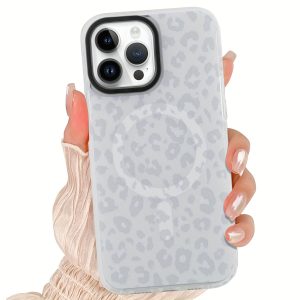 Large Hole Two-color Magnetic Case White Full Base UV For Iphone 15 Pro Max Light Grey Leopard Print