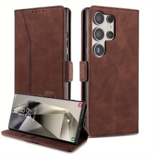 Protective Case Compatible With for Samsung Galaxy S24 Ultra 5G Heavy Duty Shockproof Rugged Faux Leather Magnetic Flip Card Holders Kickstand Phone Cover Dark Brown Coffee