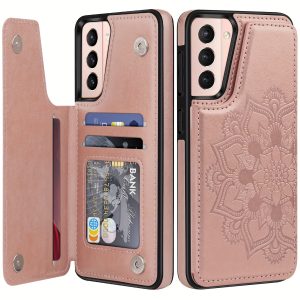 For Samsung Galaxy S21 Case Wallet With Card Holder, Flip Cover Kickstand Card Slots Double Magnetic Clasp Shockproof Heavy Duty Protective Case For Samsung Galaxy S21-Floral Rose Gol