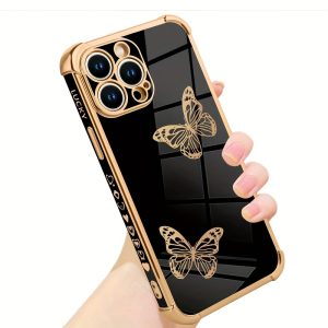 Big Hole Four Corner Anti-drop Electroplated TPU Black For IPhone 14 Pro Two Butterflies (with Love And LUCKY On The Side)