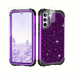 LONTECT Case For Galaxy S23 With 2 Camera Lens Protectors, Shockproof Triple Layer Heavy Duty Hybrid Rugged High Impact Case Girls Women's Glitter Case For Samsung Galaxy S23 5G, Dark Purple